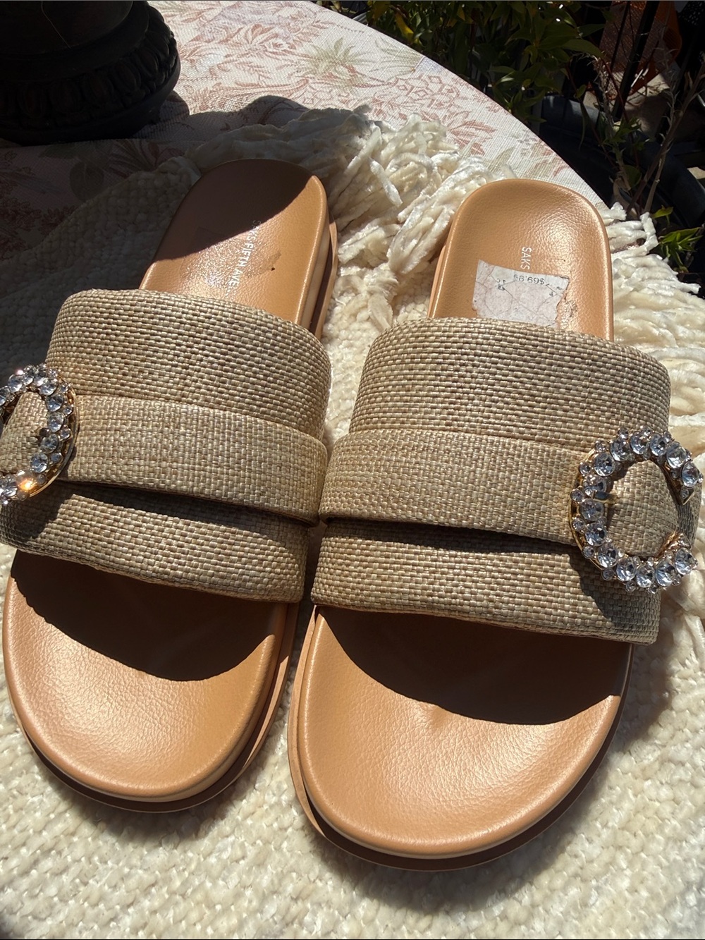 Saks 5th Ave "New" Bling Tan Slide Sandals with Crystal Buckle 9.5